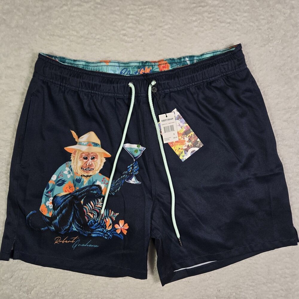 Robert Graham Swim Trunks Mens Small Monkey Martini Blue Lined Shorts 5" Inseam